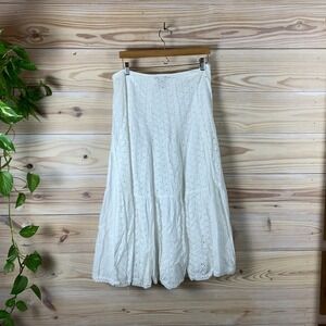 Persaman New York Skirt Womens 10 White Eyelet Cotton Tiered Midi A-Line Boho